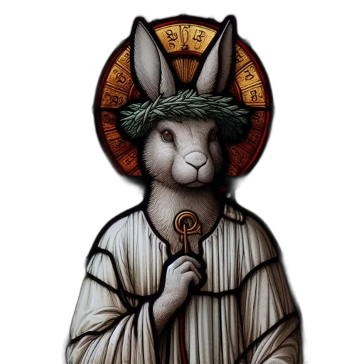 staff, fantasy art, pixel art, anthropomorphized, rabbit, robe, halo, surrounded transparent PNG cut-out