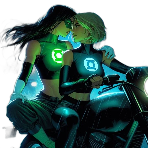 comic book art, concept art, cyberpunk, neon lights, green, neon, two, women transparent PNG cut-out
