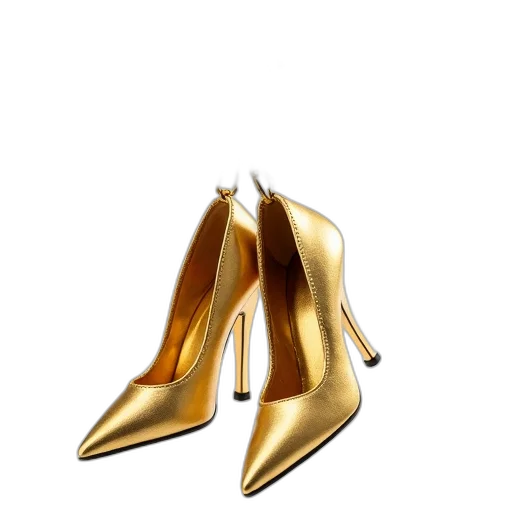 shoes, jewelry, 3d render, photorealistic, golden, pair, high-heeled, shiny transparent PNG cut-out