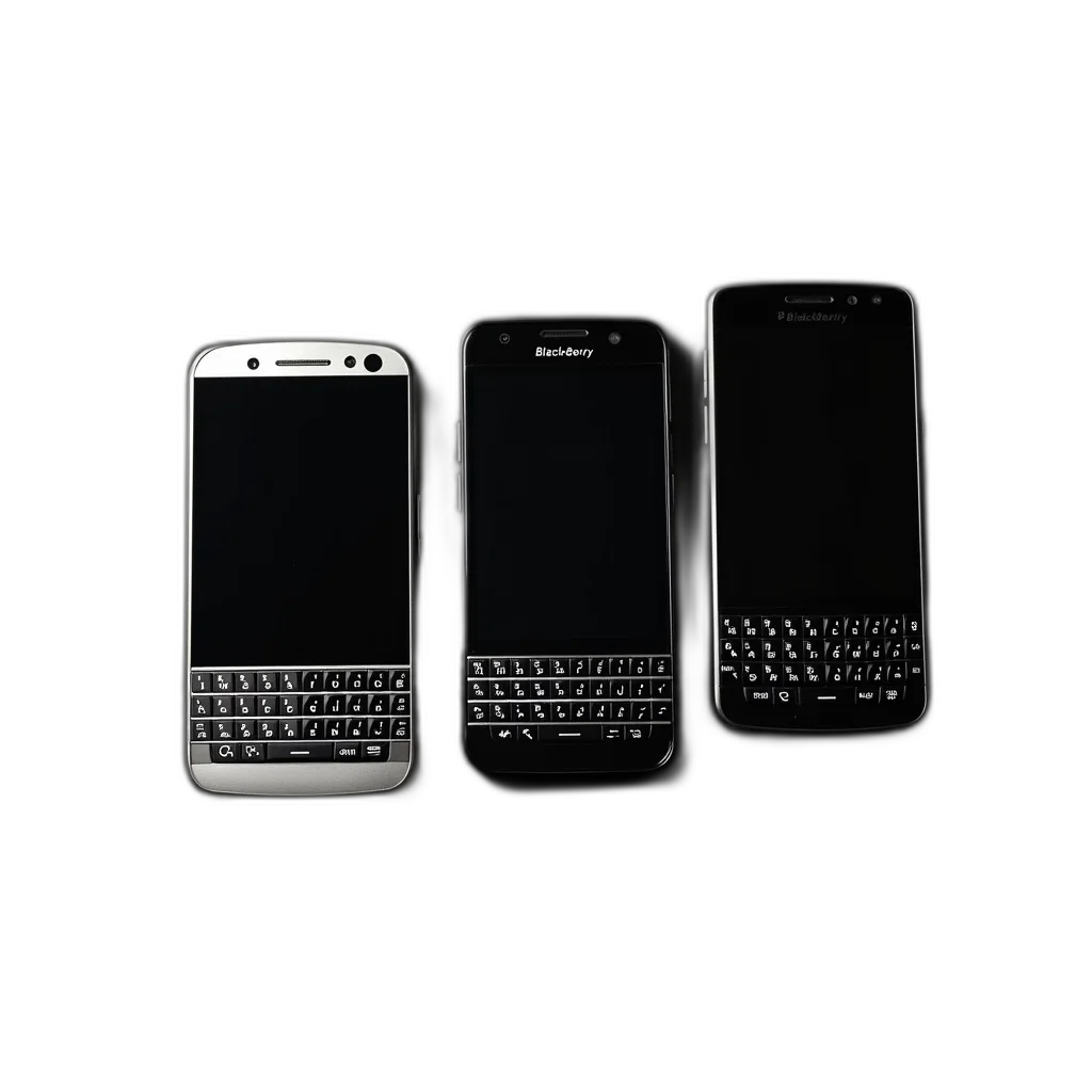3d render, monochrome, three, different, blackberry, smartphones, lined, black transparent PNG cut-out