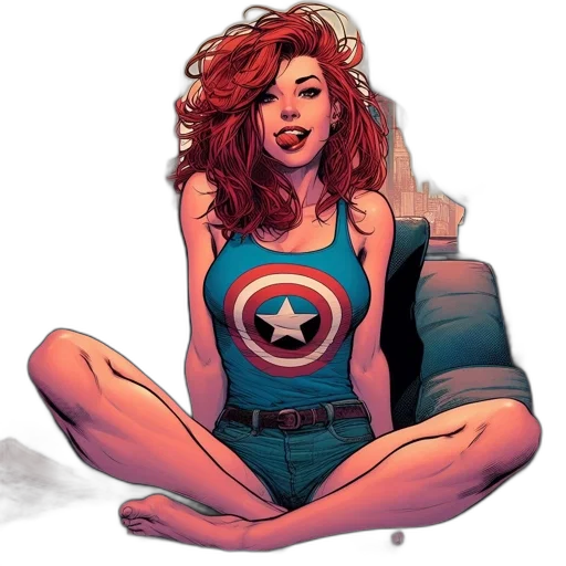 comic book art, concept art, cartoon, woman, bright, red, hair, wearing transparent PNG cut-out