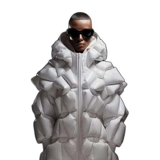 jacket, 3d render, person, white, puffer, oversized, sunglasses, stands transparent PNG cut-out