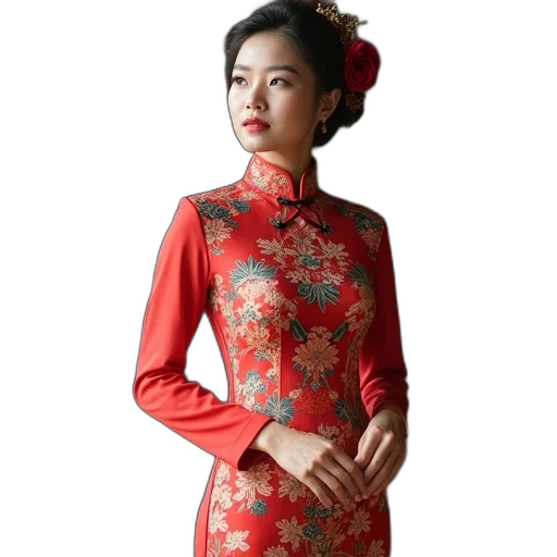 dress, staff, photorealistic, oil painting, red, qipao, women transparent PNG cut-out