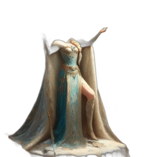 dress, crown, jewelry, sword, concept art, fantasy art, 3d render, oil painting transparent PNG cut-out