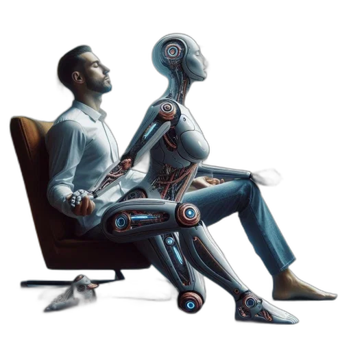 robot, cyberpunk, concept art, man, sits, modern, room, humanoid transparent PNG cut-out