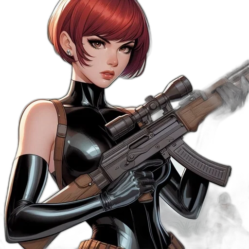 weapon, comic book art, concept art, cyberpunk, cartoon, woman, fiery, red transparent PNG cut-out