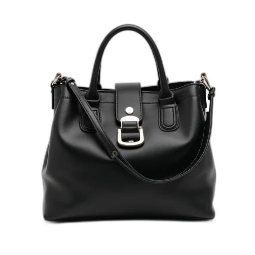 monochrome, black, leather, handbag, silver, buckle, front, long transparent PNG cut-out