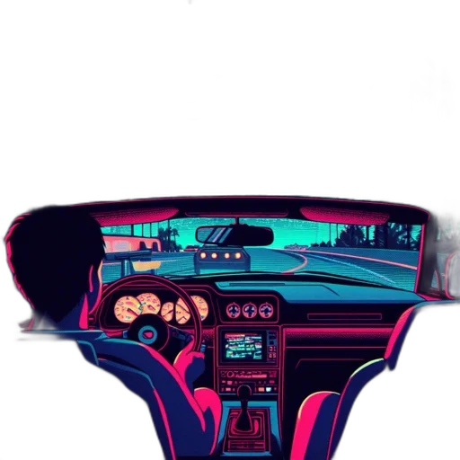 car, shoes, mask, jacket, vaporwave, cyberpunk, concept art, cartoon transparent PNG cut-out