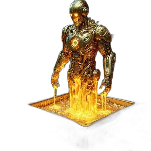robot, sword, concept art, 3d render, comic book art, fantasy art, fire, golden transparent PNG cut-out