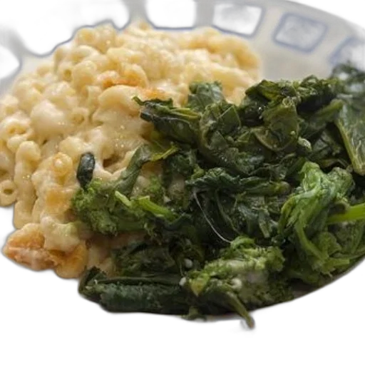 food, plate, serving, macaroni, cheese, side, steamed, greens transparent PNG cut-out