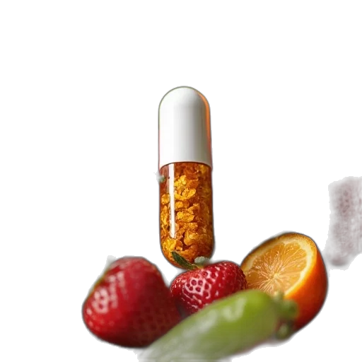 organic, vitamin, capsule, surrounded, fruits, vegetables transparent PNG cut-out