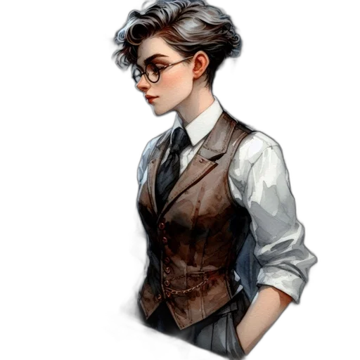staff, jacket, dress, face, concept art, fantasy art, comic book art, watercolor transparent PNG cut-out