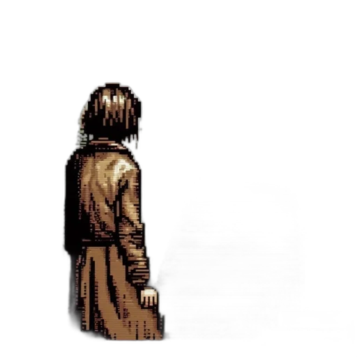 jacket, staff, hair, creature, pixel art, concept art, comic book art, 3d render transparent PNG cut-out
