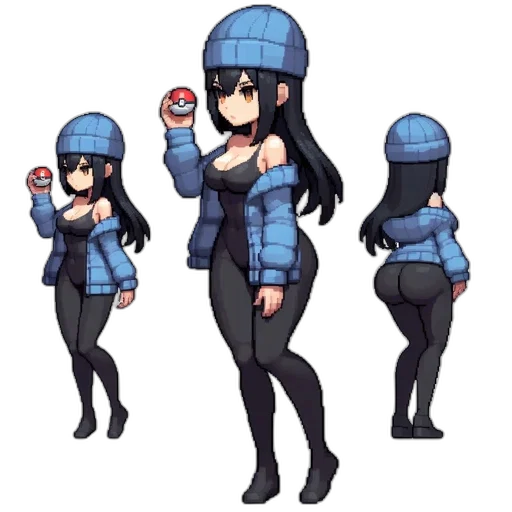 jacket, hat, weapon, pixel art, concept art, anime, cartoon, blue transparent PNG cut-out