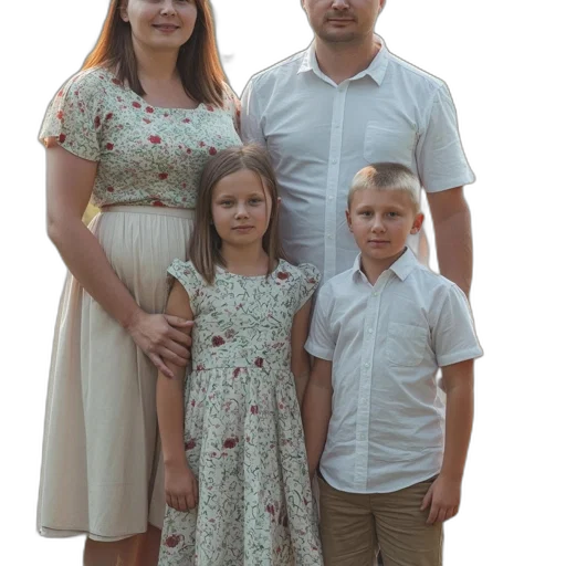 dress, staff, face, family, four, stands, natural, setting transparent PNG cut-out