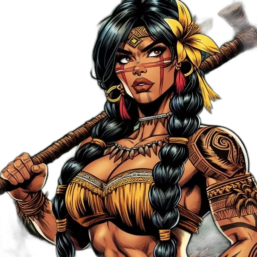 comic book art, fantasy art, concept art, fierce, female, character, tribal, adornments transparent PNG cut-out