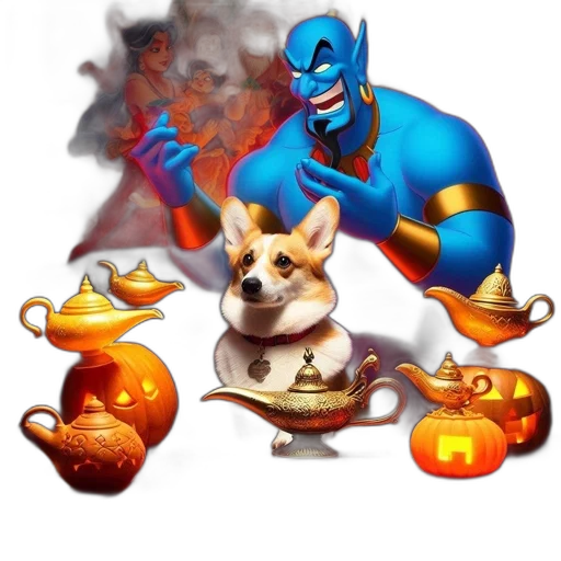concept art, fantasy art, comic book art, 3d render, fire, corgi, sits, magic transparent PNG cut-out