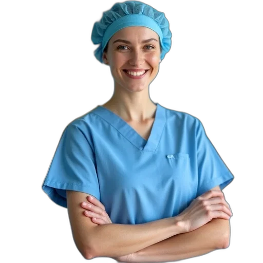 staff, smiling, woman, wearing, blue, surgical, cap, scrub transparent PNG cut-out